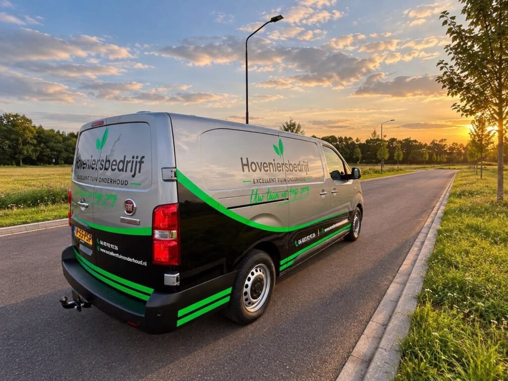 Bedrijfsbus Excellent Tuin Onderhoud bij zonsondergang