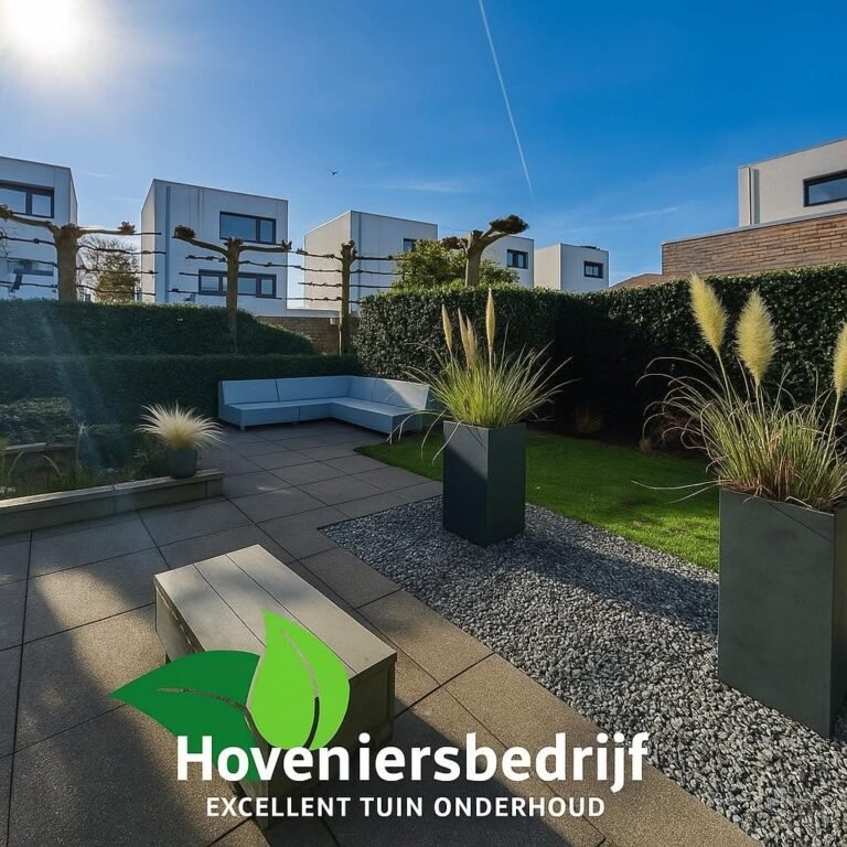 Moderne tuin met siergrind en plantenbakken