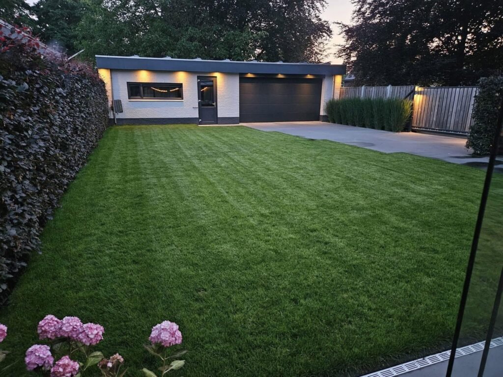 Gazon met tuinverlichting in de avond