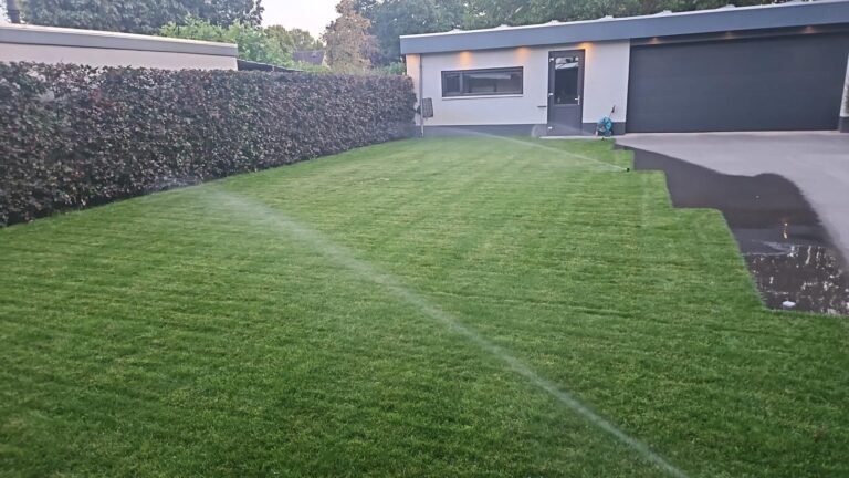 Nieuw gazon van graszoden wordt beregend door Excellent Tuin Onderhoud