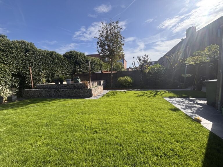 Achtertuin met groen gazon en borders door Excellent Tuin Onderhoud