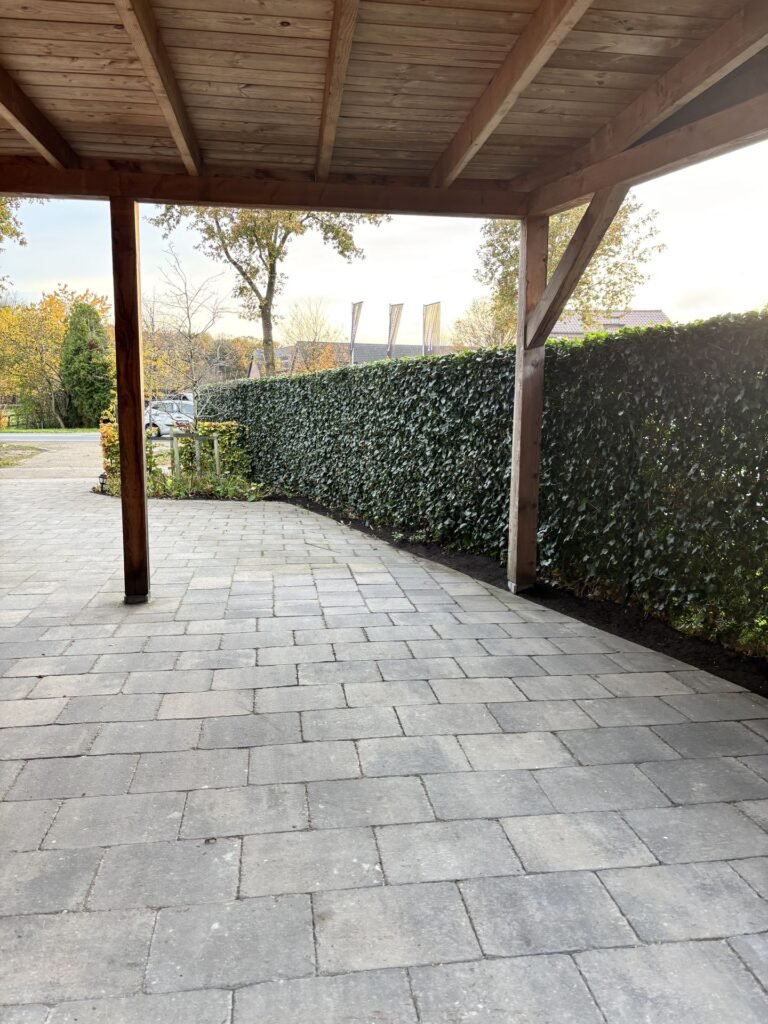 Terras met nieuwe tegels onder de overkapping door Excellent Tuin Onderhoud